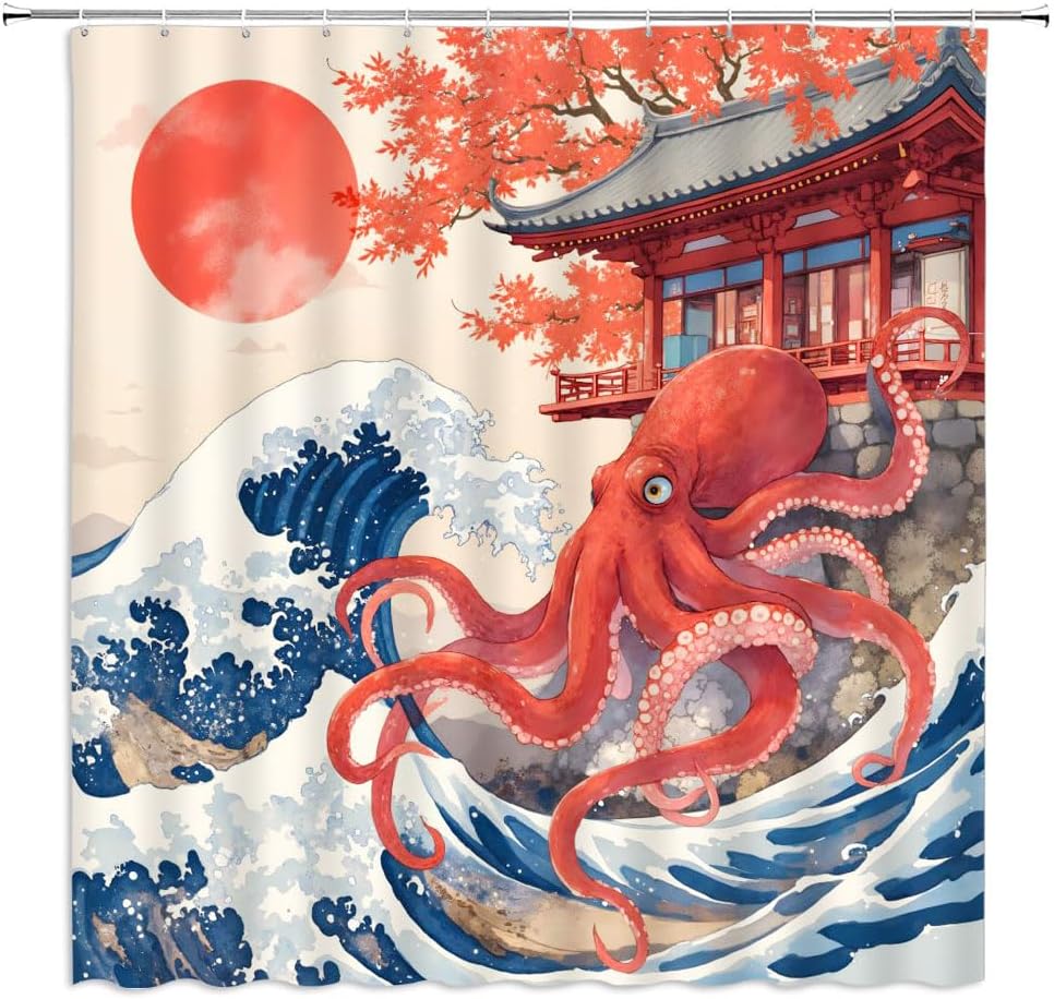 Japanese Asian Octopus Shower Curtain Funny Great Wave Sea Chinese Traditional Oriental Red Sun Ukiyo-e Kanagawa Vintage Japan