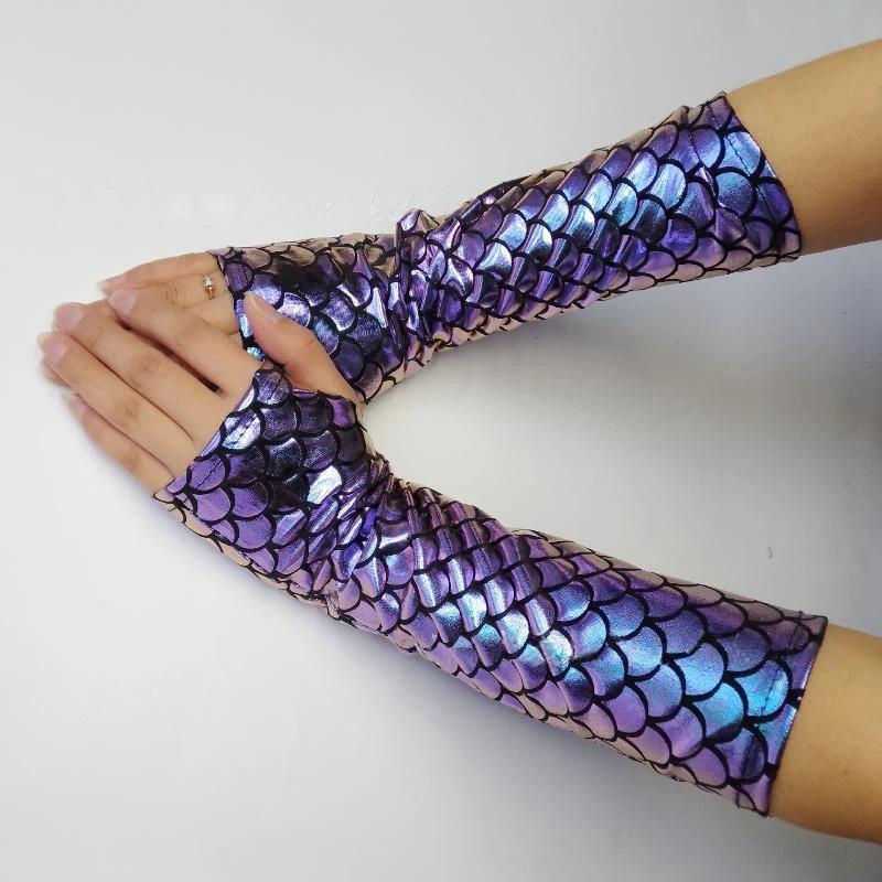 1 Paar Gotische Cosplay Halloween Bühnenperformance Party Armstulpen Meerjungfrau Fischschuppenmuster Fingerlos Lange Handschuhe Für Damen