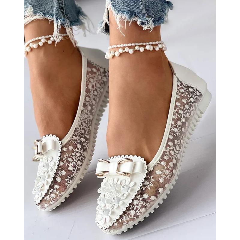 Fashion Summer Breathable Solid Color Vulcanized Shoes Floral Embroidery Bowknot Loafers Women Non-slip Flower Sneakers Chaussure Femmes
