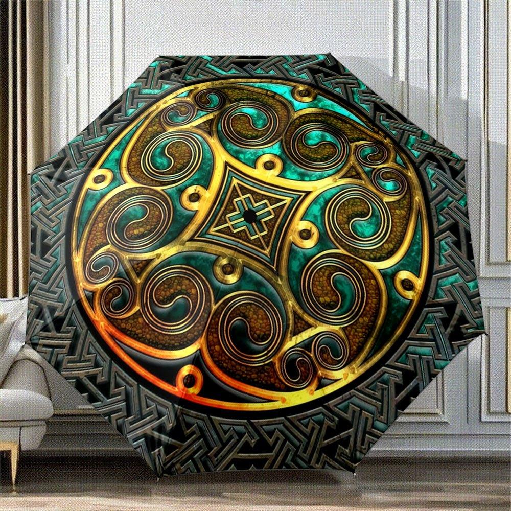 

Automatic Folding Umbrella with Celtic Knot & Celtic Cross Design - Automatic Open/Close, 8-Rib Sturdy Frame, Teal & Golden Ce (as the picture,Iron&8K)