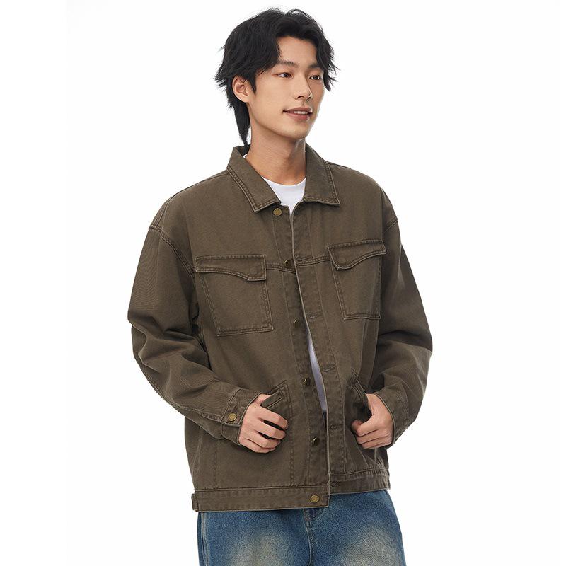 Xintang Men's Retro Washed Multi-Pocket Workwear Jacket with Turn-Down Collar