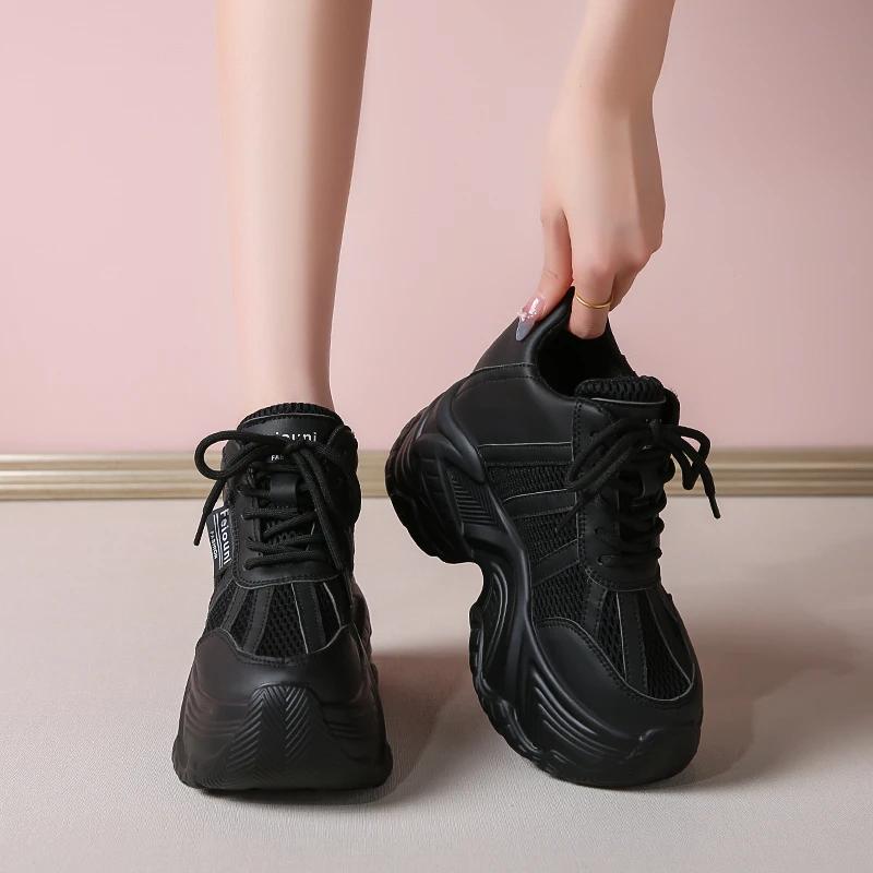 Fashion 7.5CM Women Platform Sneakers Lace-up Autumn Sports Dad Shoes High Top Chunky Casual Shoes Woman Thick Bottom Mesh White Shoes