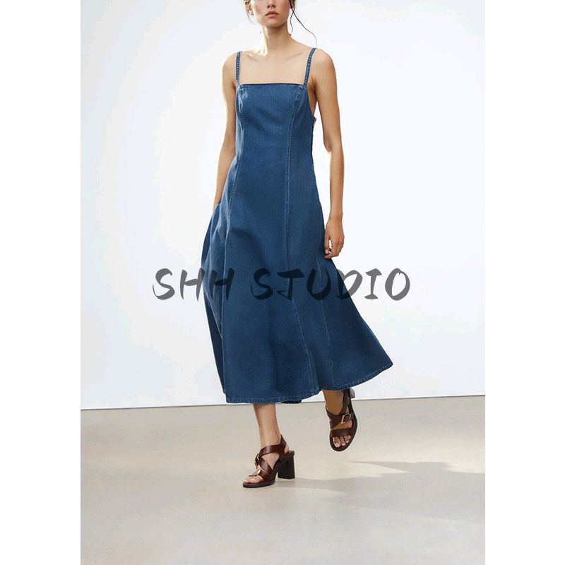 Spring and Summer New Women's Clothing French Simplicity Wind Long Denim Sling Straight Collar Midi Skirt Dress 8197082