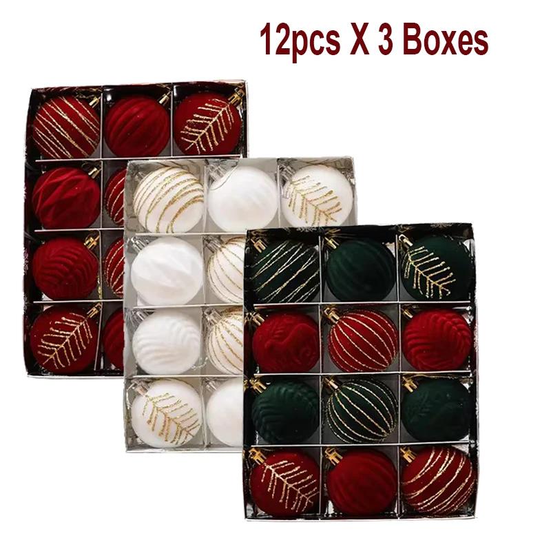 24pcs Wine Red Christmas Ball Ornaments Flocking Christmas Tree Party Decoration New Year Christmas Spheres Pendant Balls