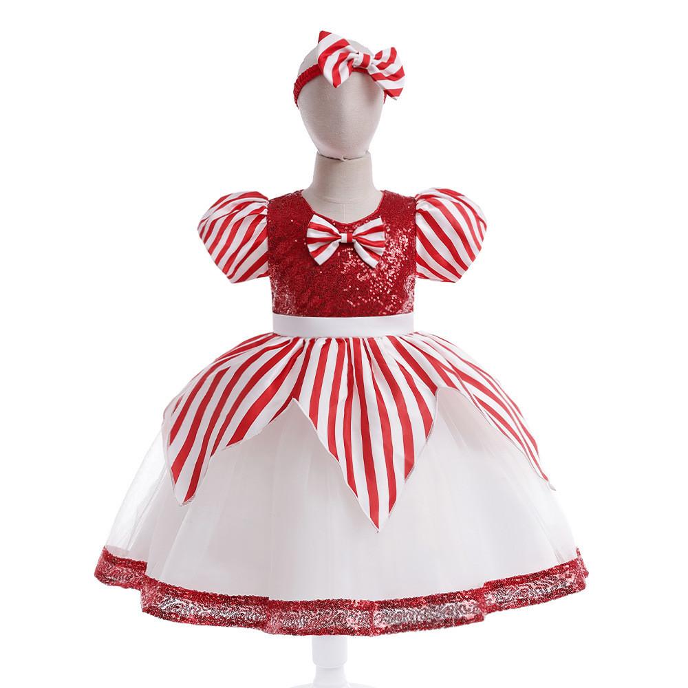 Kids Girls Santa Claus Xmas Elf Bow Sequins Princess Dress Children Christmas New Year Cosplay Costumes Kindergarten Performance Role Play Outfit