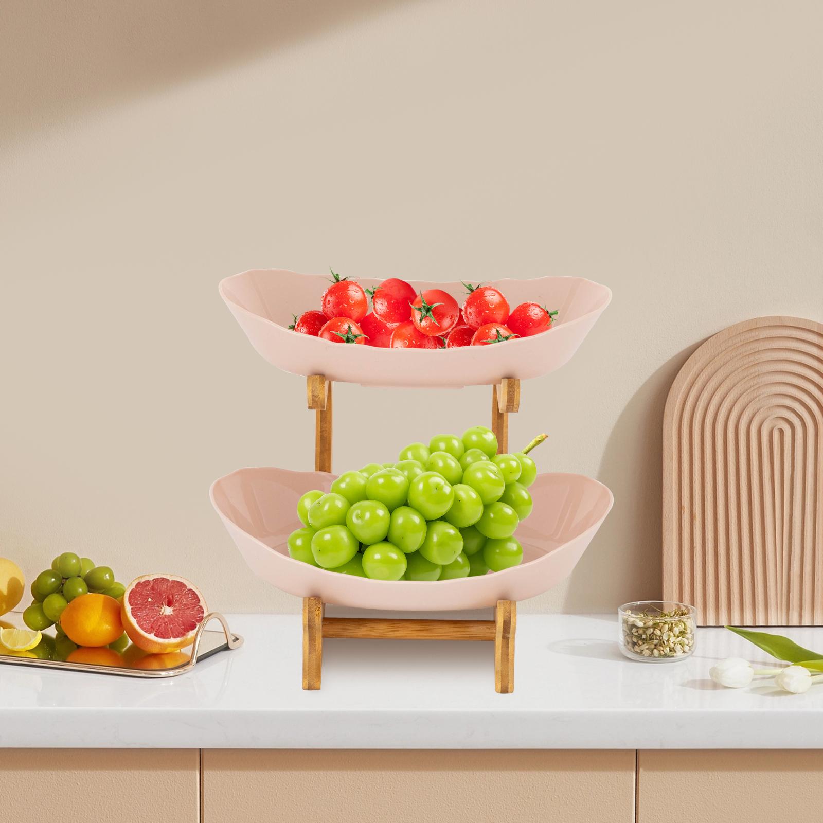 

2-Tier Beige Fruit Bowl – Modern Stackable Fruit Basket Stand with Bamboo Wood Base – Tabletop Serving Tray for Kitchen & Dining бежевий