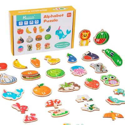 Montessori 3D Wooden Alphabet Puzzle Cartoon Animal Fruit and Vegetable Jigsaw Early Educational Toys Gifts for Toddlers Kids
