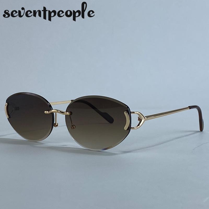 Small Frame Oval Frameless Sunglasses Women  Luxury Brand Vintage Metal Punk Sun Glasses For Ladies Trendy Outdoor Shades