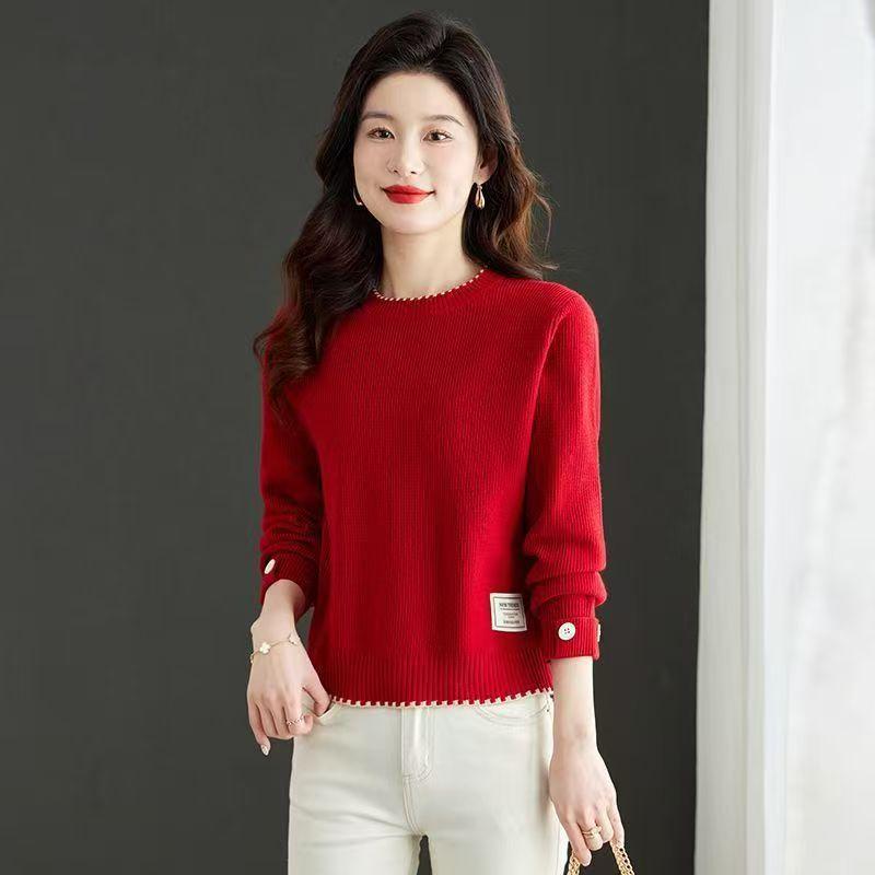 Sweater Women's Round-neck Casual Pullover Sweater Thickened Color-blocked Knitted Sweater Loose and Warm Inner Layer Top