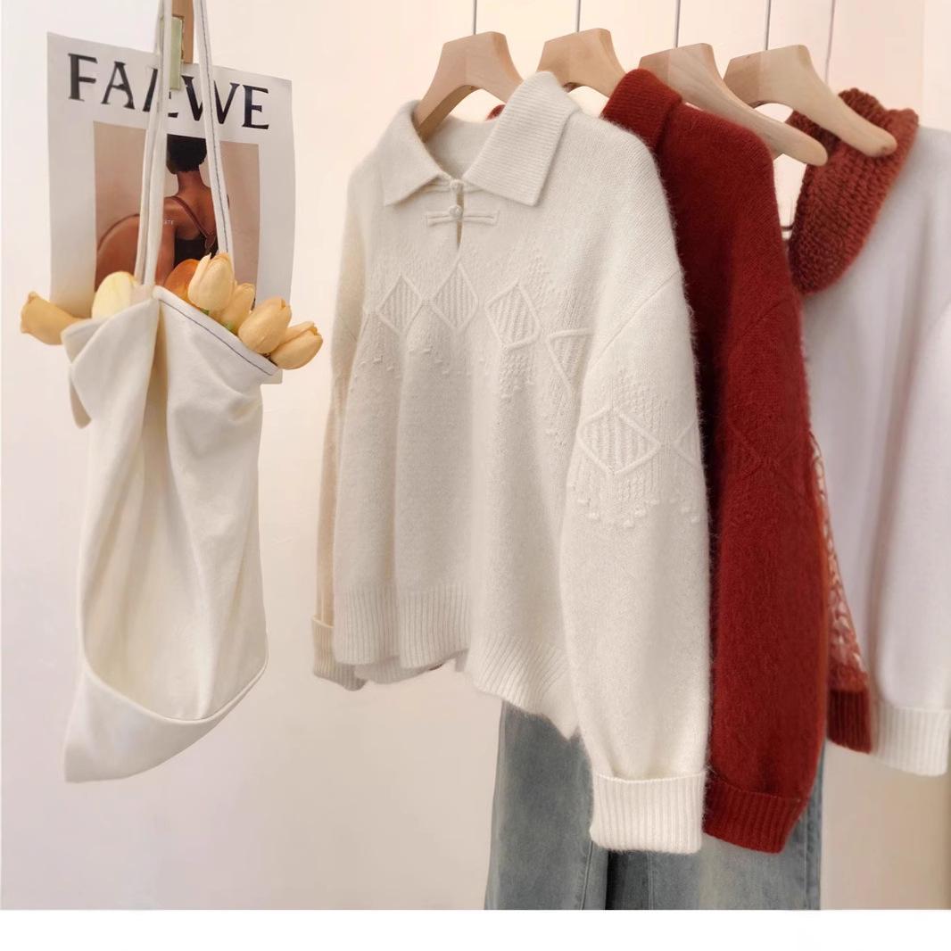 

Women s Pure Wool Polo Collar Sweater: Autumn/Winter New Chinese Style, Soft Thickened Knitwear L
