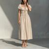 European and American Women's Clothing Retro Square Neck Tie Bow Waist Thin Bubble Sleeve Dress