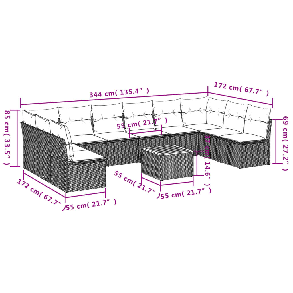 Vidaxl 11-Cz. Garden Furniture Set With Cushions, Beige, Poly Rattan