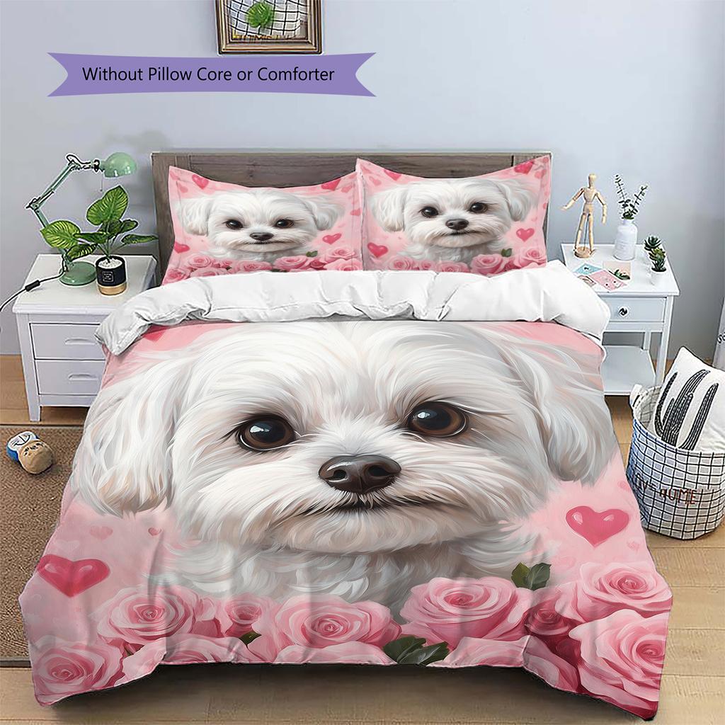 Pink Maltese Pattern Bedding Home Decoration Birthday Gift (1 * duvet cover + 2 * pillowcase, without core)