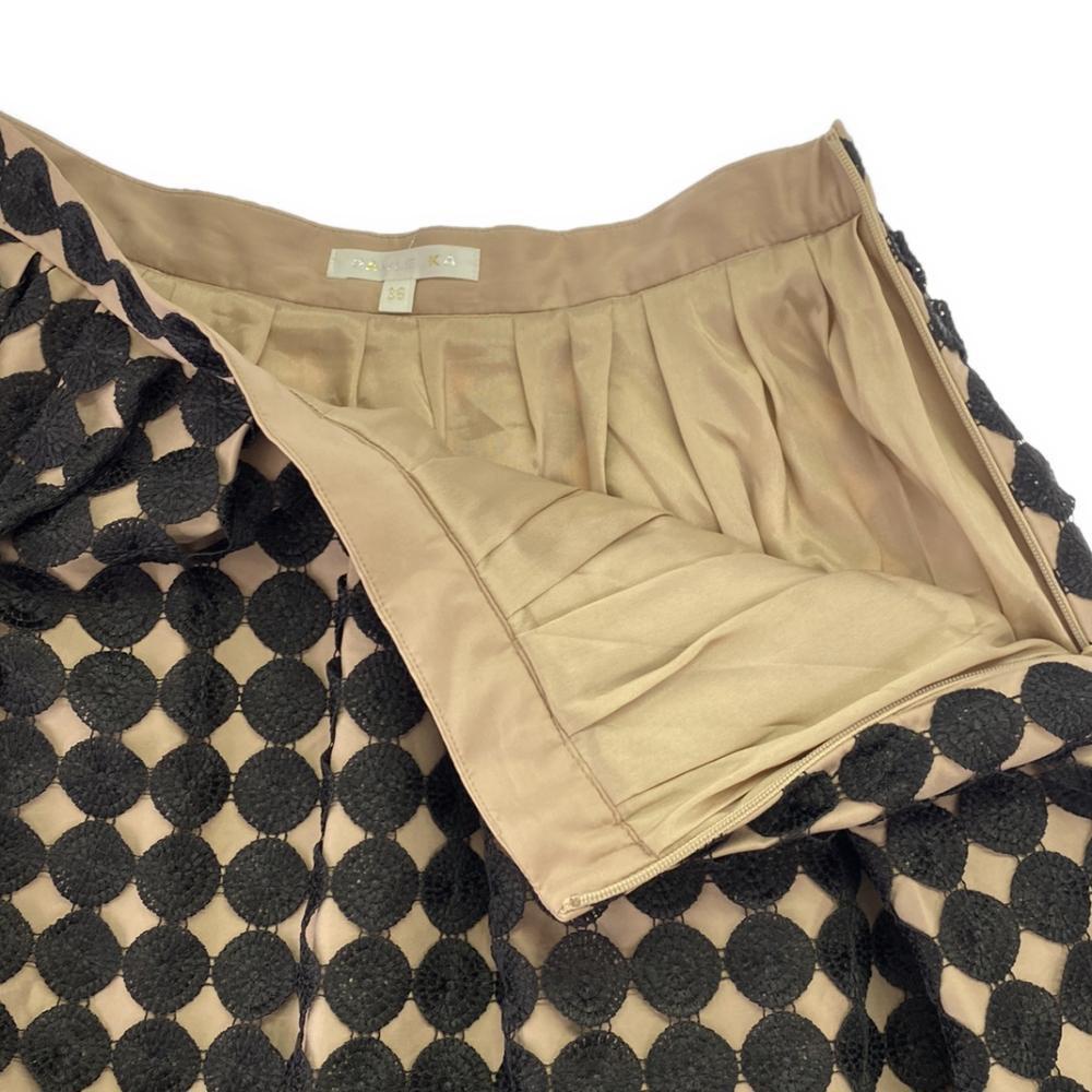PAULE KA Dot embroidery Midi length flare skirt 36 Beige x black Side zip Women Used