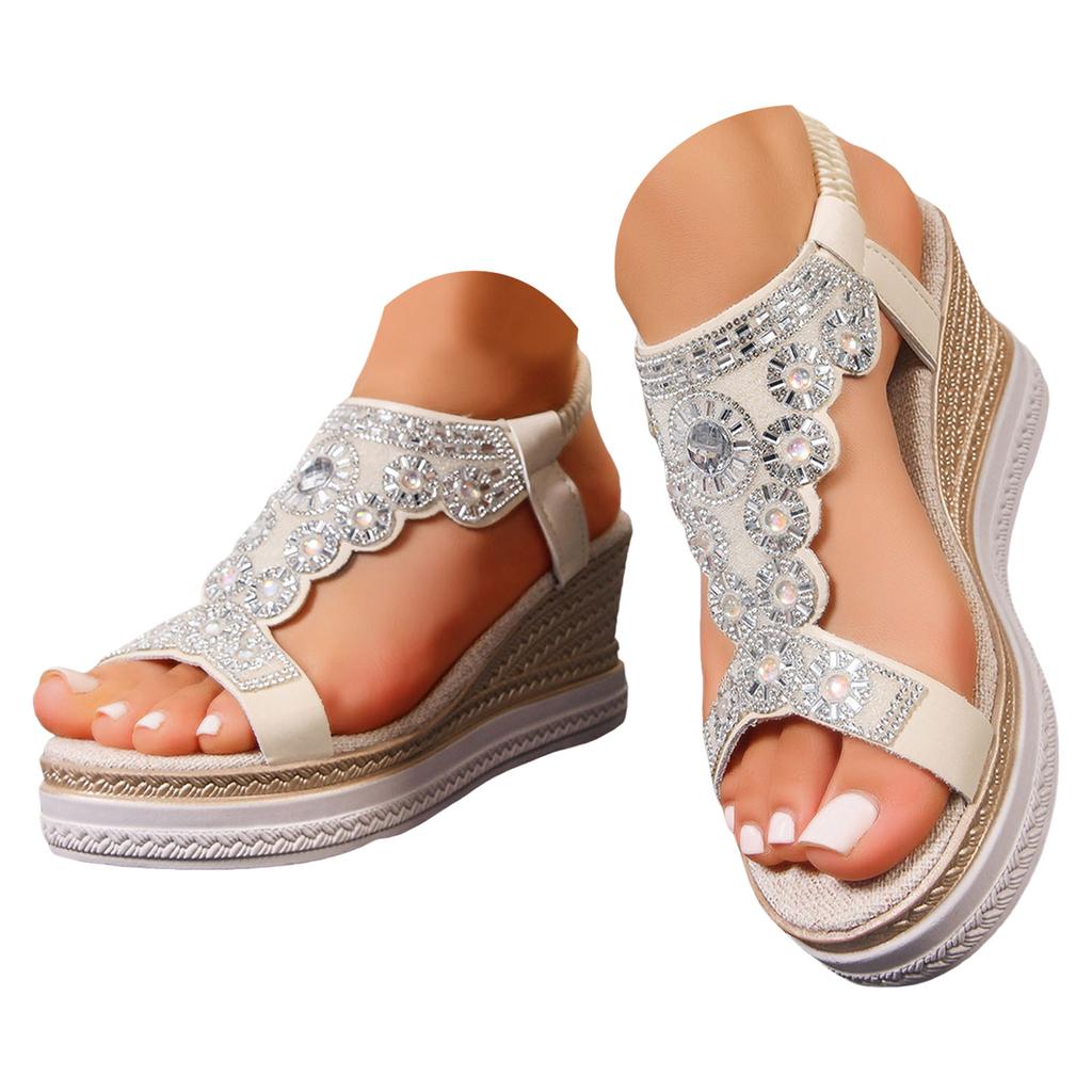 Bohemian Wedge Sandals For Women Thick Sole Plus Size Elastic Band Flip Flops Sandals For Women Dressy Womens Tan Sandals