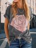 Women's Floral Rose Print Color Block Crew Neck Loose Graphic T Shirt