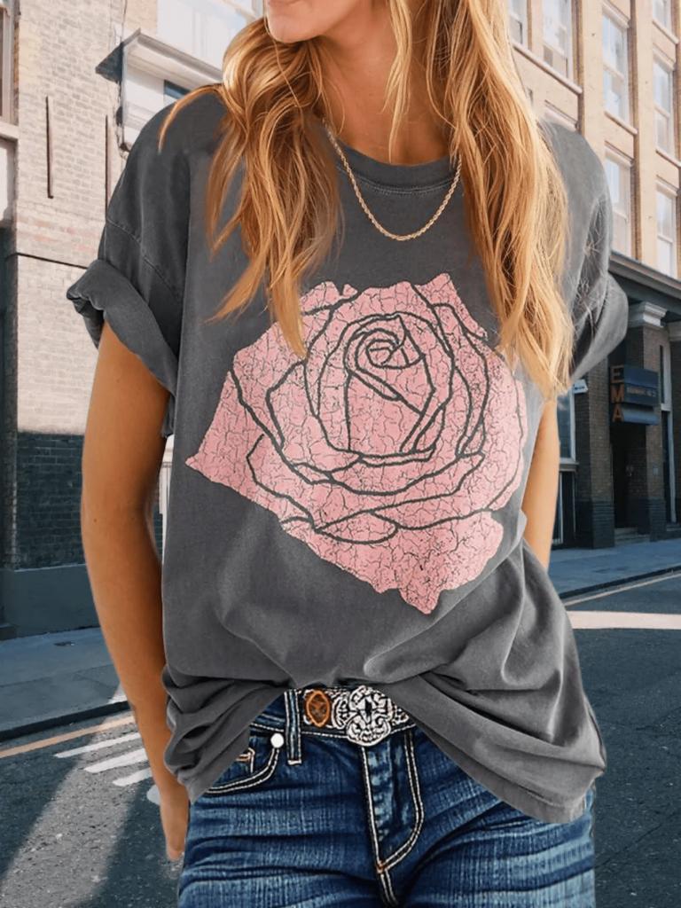 Women's Floral Rose Print Color Block Crew Neck Loose Graphic T Shirt