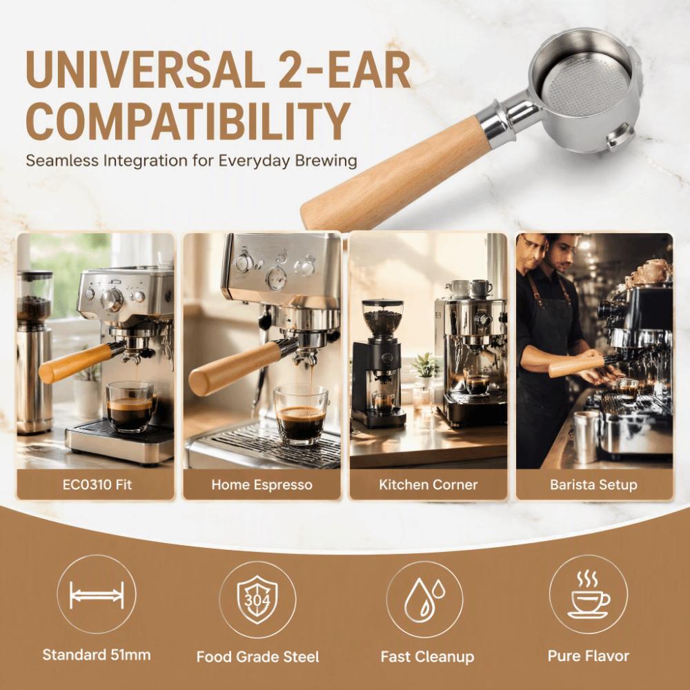 2 Ears Design 51mm Coffee Portafilter Wood Handle Single Layer Portafilter  Espresso Making
