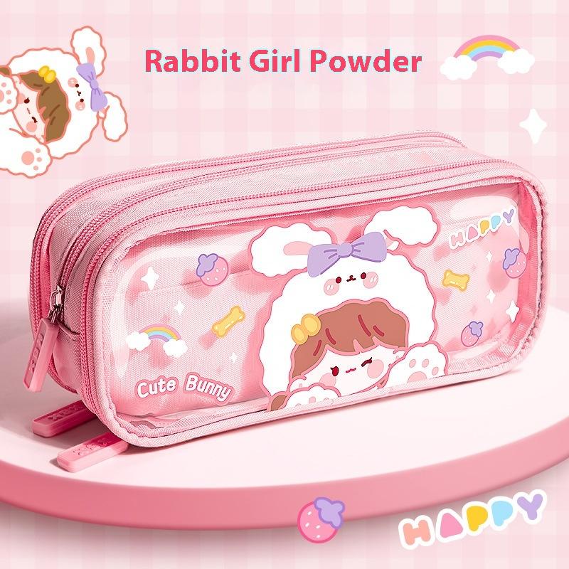 Super Large Capacity Cute Cartoon Canvas Pencil Case High Color Value Primary School Stationery Bag Transparent Plastic Material