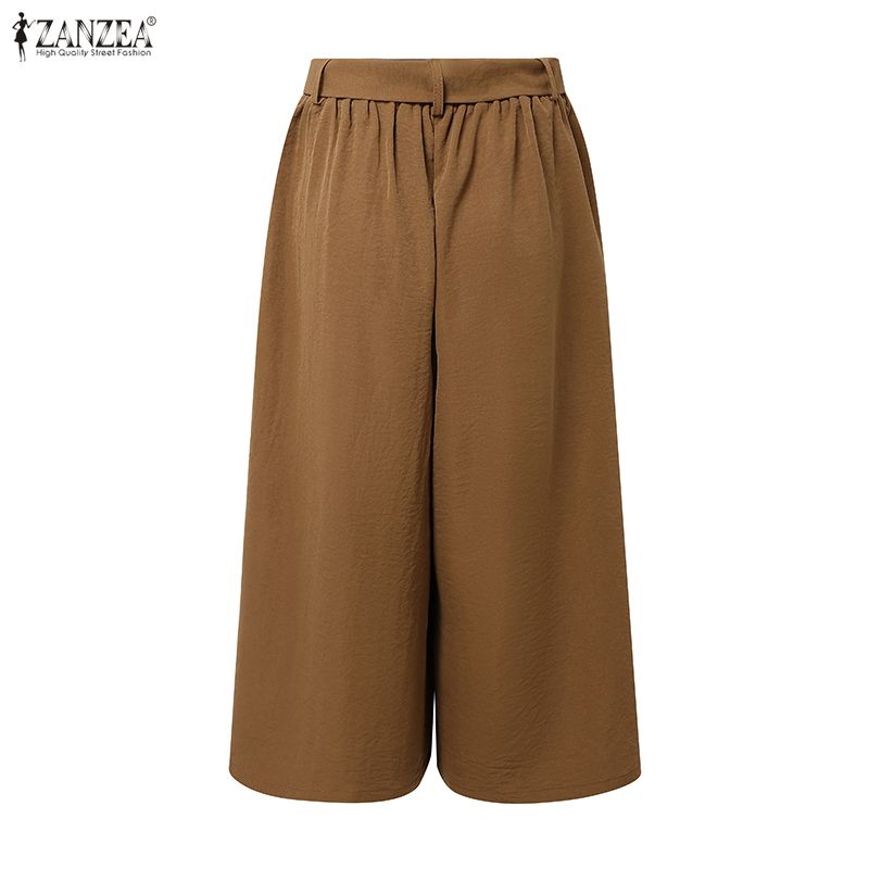ZANZEA Women Casual Elastic Waist Solid Color Loose Wide Leg Capris Pants