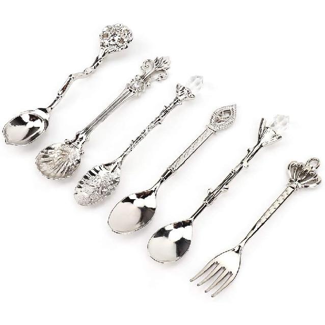 6PCS Vintage Coffee Spoons, Tea Fork Set, Zinc Crystal Mini Fancy Dessert Tableware for Home Office Party Coffee Bar
