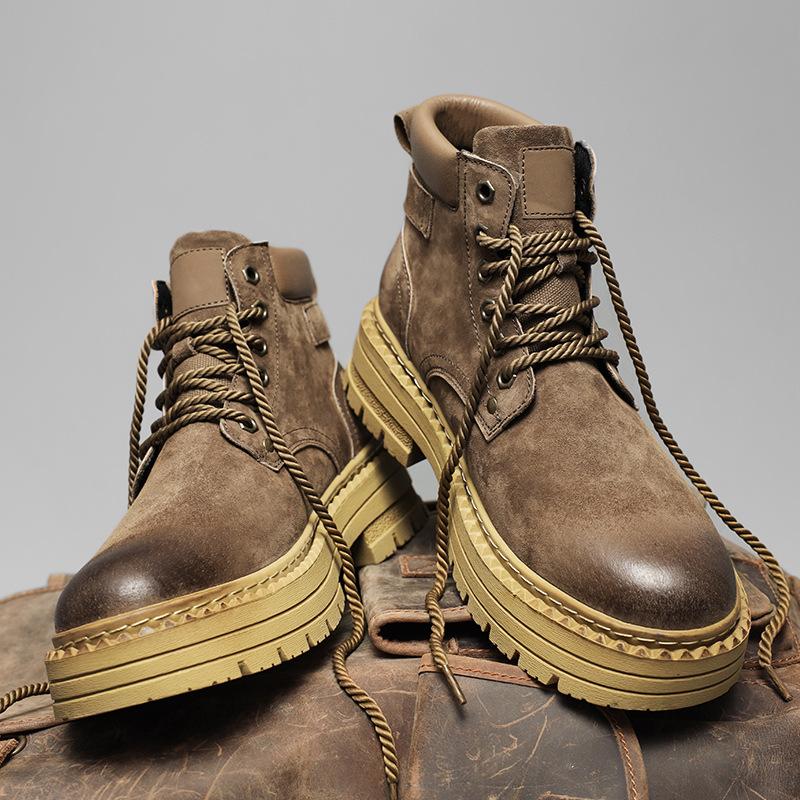 Martin Boots Men's Autumn British Retro Leather Heightening Locomotive Leather Boots Sports Big Head High Top Boots Velvet