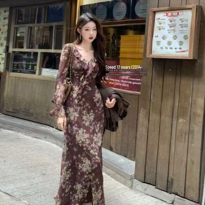 Женское ретро-платье с цветочным принтом и рюшами цвета Сумеречная роза - Осенне-зимнее, приталенное M