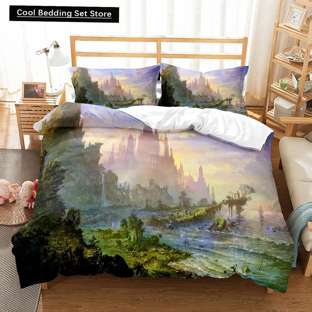 Cartoon Fantasy World King Queen Duvet Cover Magic Castle Bedding Set Mythical Landscape Quilt Cover Polyester Comforter Cover