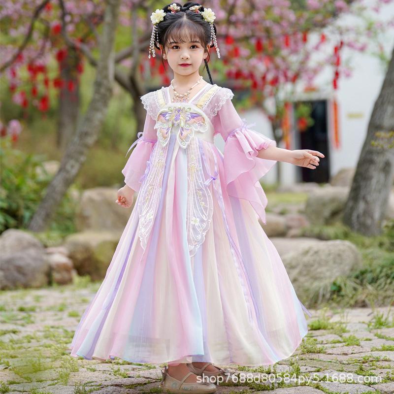 2025 Summer Hanfu: New Style Chinese Ancient Fairy Tang Suit Dress for Girls 160 cm розовый