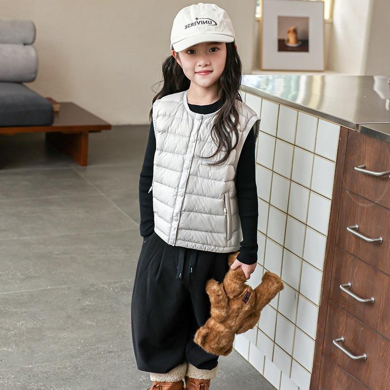 Kids Sleeveless Down Vest Crew Neck Solid Color Warm Lightweight Down Waistcoat Outerwear