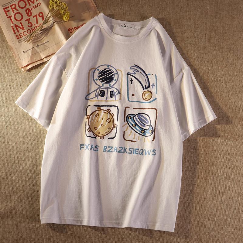 Loose Cotton Ort Sve T-irt Women's Summer Faionable Korean Sle Round Ne F Sve Top Oversize Retro American