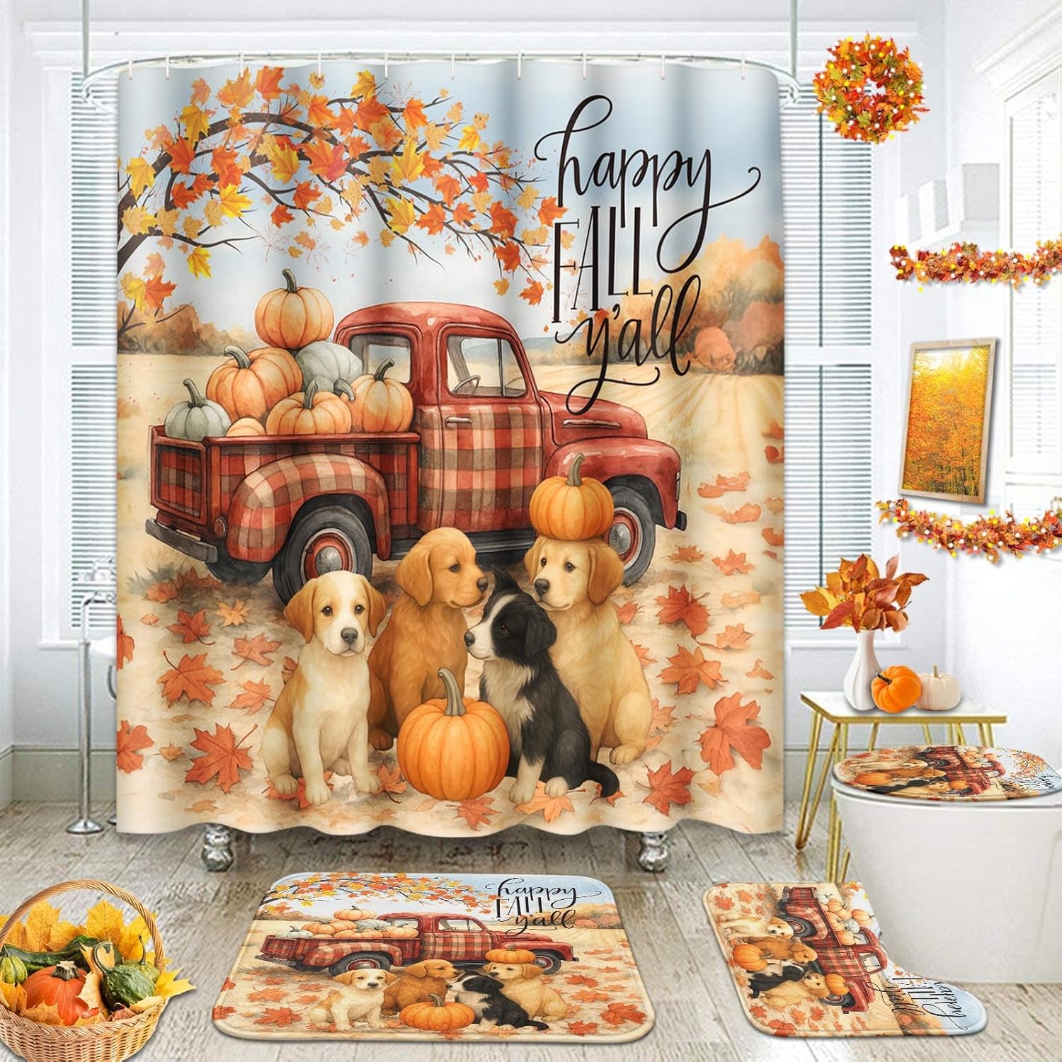 

Fall Pumpkins Bathroom Set With Shower Curtain And Rug And Accessories, Autumn Sunflowers Botanical Leaves Thanksgiving Harvest W60H190(CM)-1 Pcs