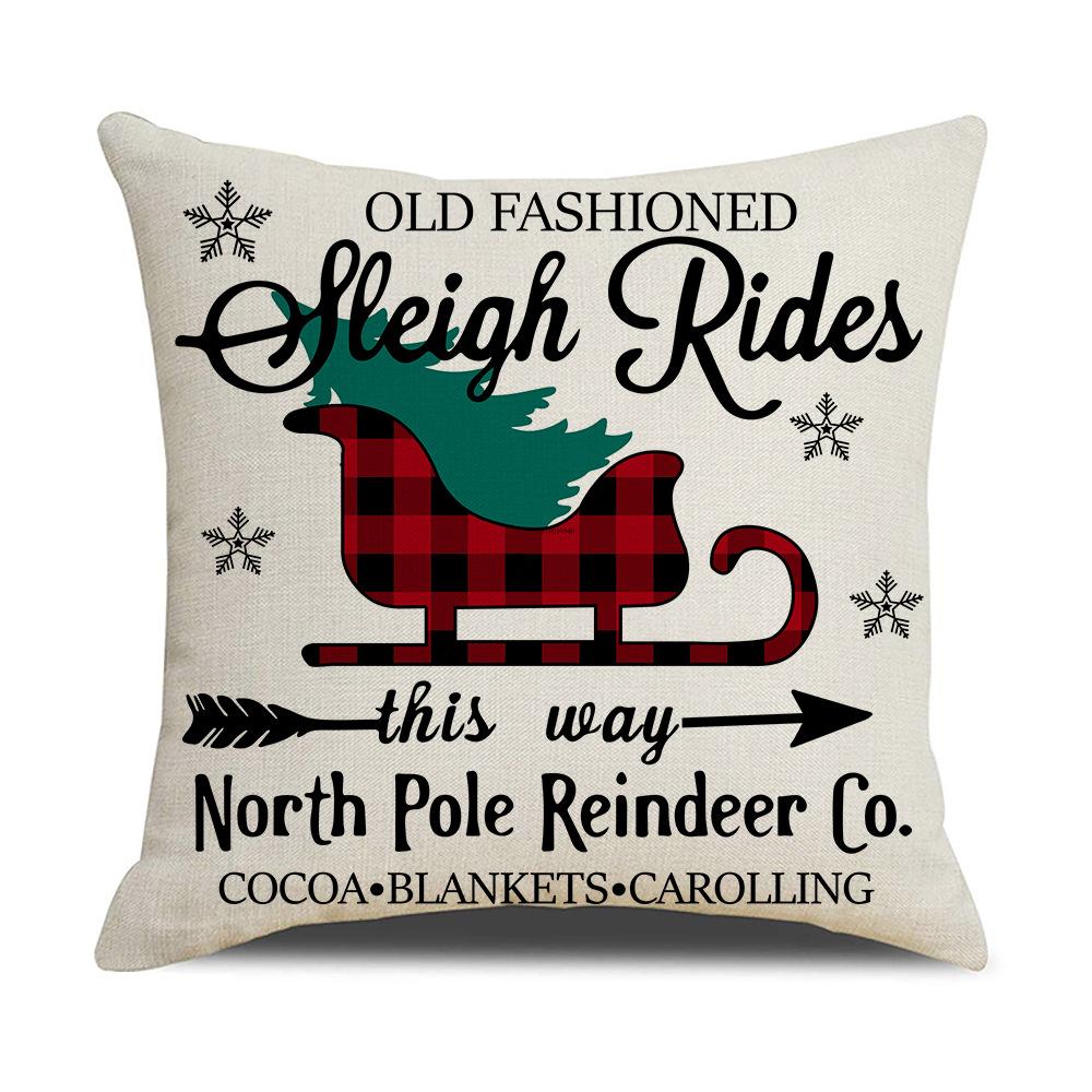 Red and Black Christmas Throw Pillow Cover Linen Print Christmas Elk Sleigh Pillow Sofa Cushion Cover