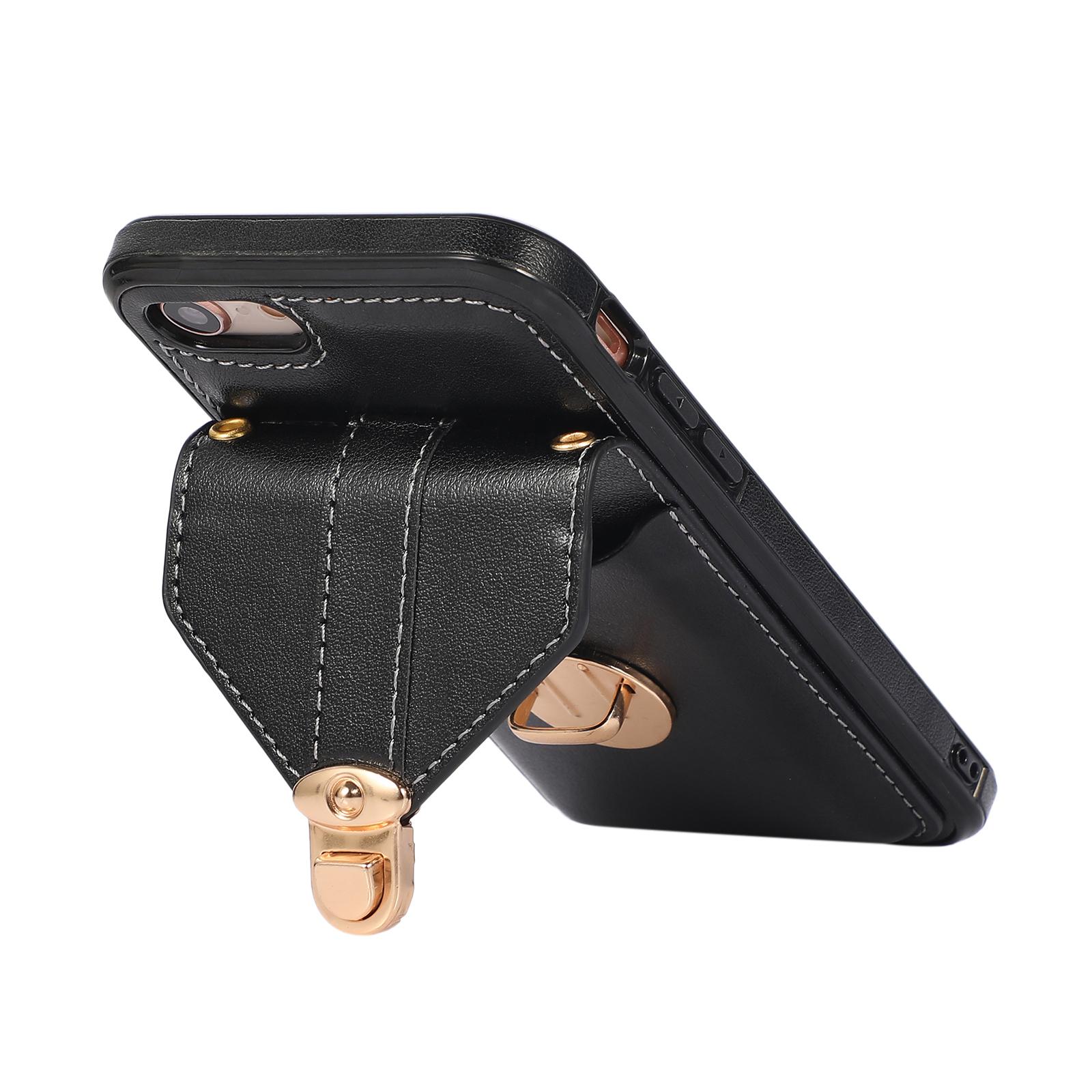 

For iPhone 16e Case Card Holder Kickstand PU Leather+TPU Phone Cover with Shoulder Strap Green