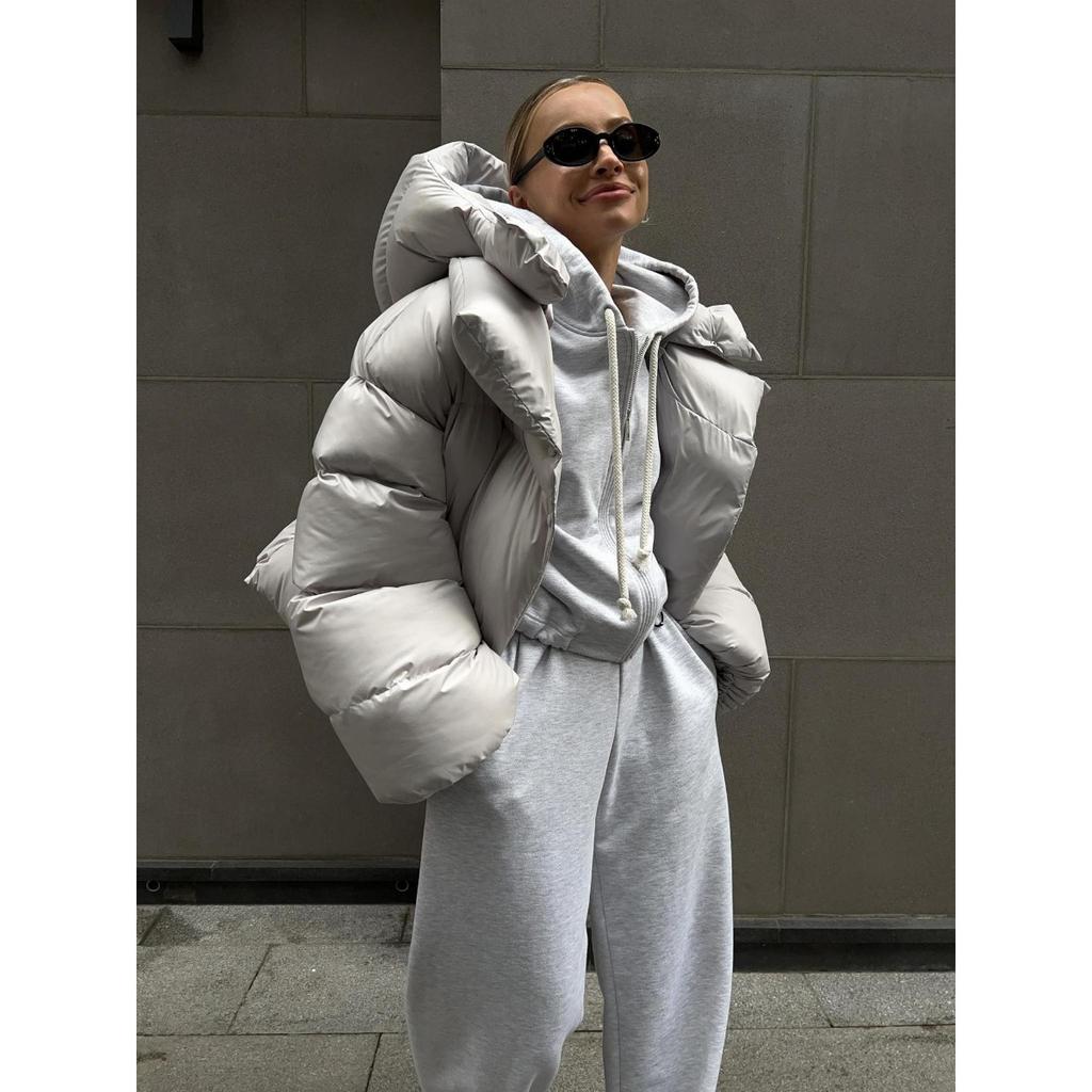 Women's Hooded Long Sleeve Puffer Coat Loose Oversized Solid Streetwear Winter Bubble Jacket