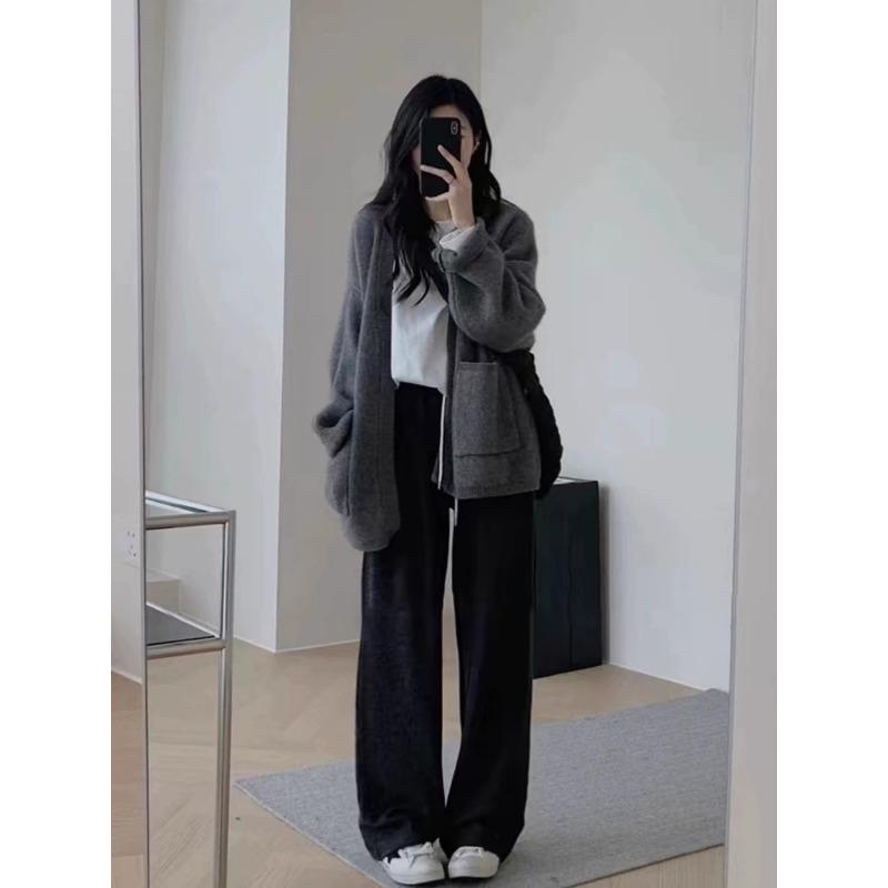 Femei coreene negru cu buzunar largi Cardigan pulover Palton gri Moda toamna iarna Vacanta Top tricotat Casual Simplitate Nou