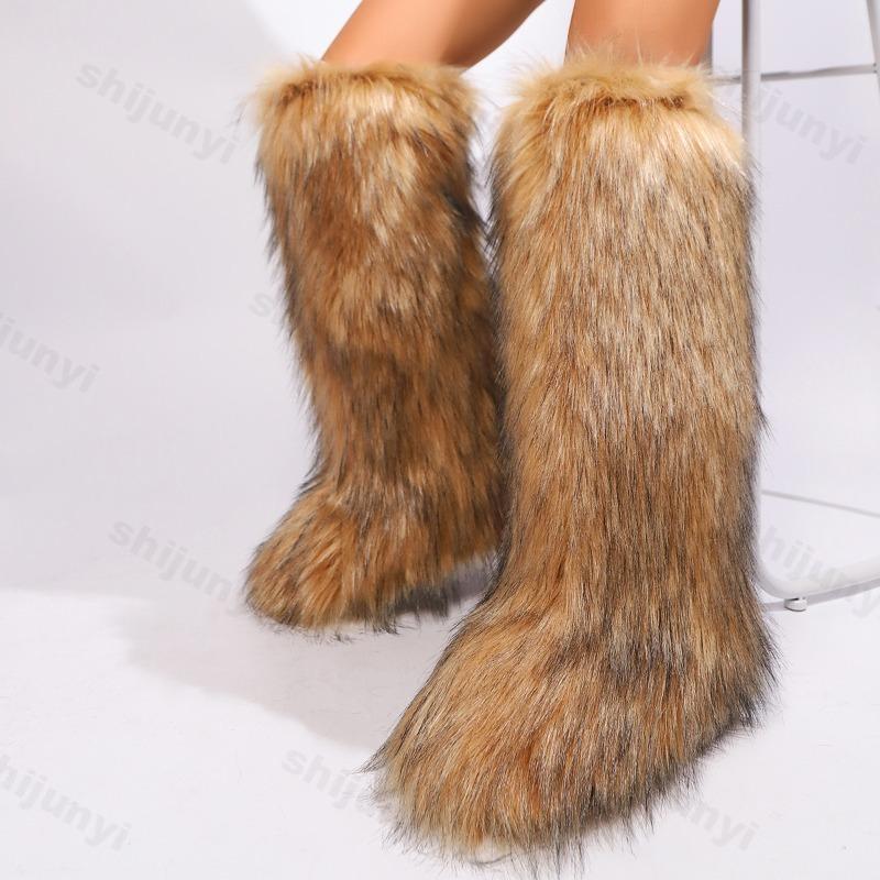 Women Faux Fur Snow Boots Winter Warm Plush Long Boots Outdoor Knee-high Boot Designer Luxury Women Faux Fox Furry Non-Slip Shoe