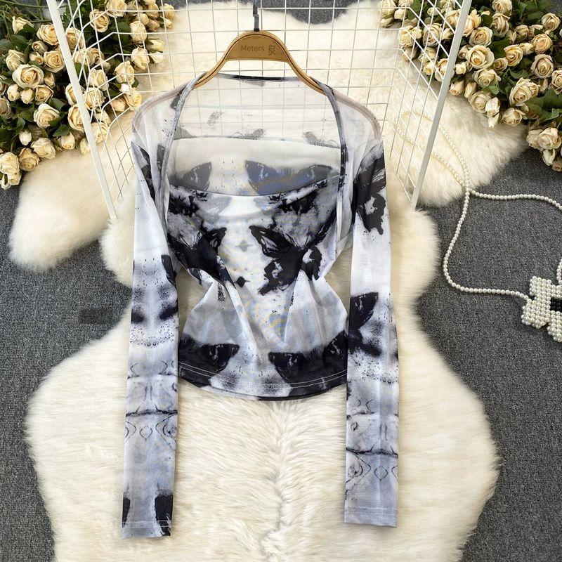 Long Sleeve Square-Neck Tie Dye Mesh Sunscreen Slim Fit Fake Two-Piece