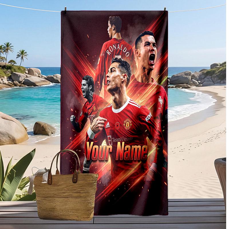 Cristiano Ronaldo Personalized Printed Beach Towel Soccer Logo Support Custom Name Text Absorbent Towel For Sport Travel Special Gift