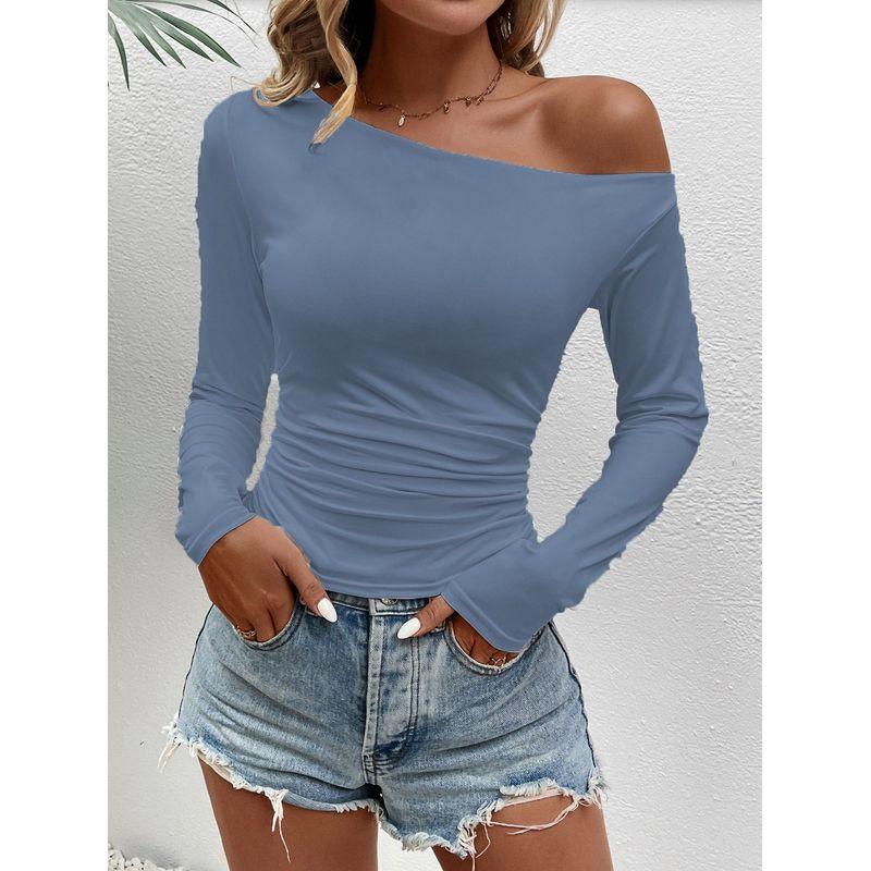 Solid Color Slanted Neck Long Sleeved Top Solid Diagonal Collar Long sleeve Top Women