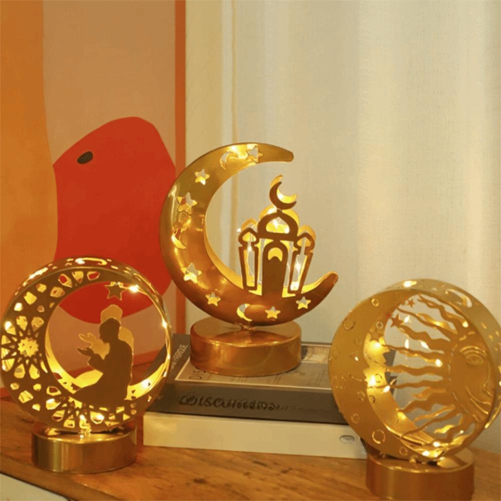Crescent Pattern Ramadan Night Light Gold Eid Mubarak Decorative Lamp Moon Castle LED Light Hotel