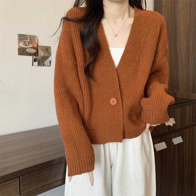 Autumn and Winter New Casual Simple Style Knitted Cardigan Women's Loose V-neck Loose and Versatile Solid Color Sweater