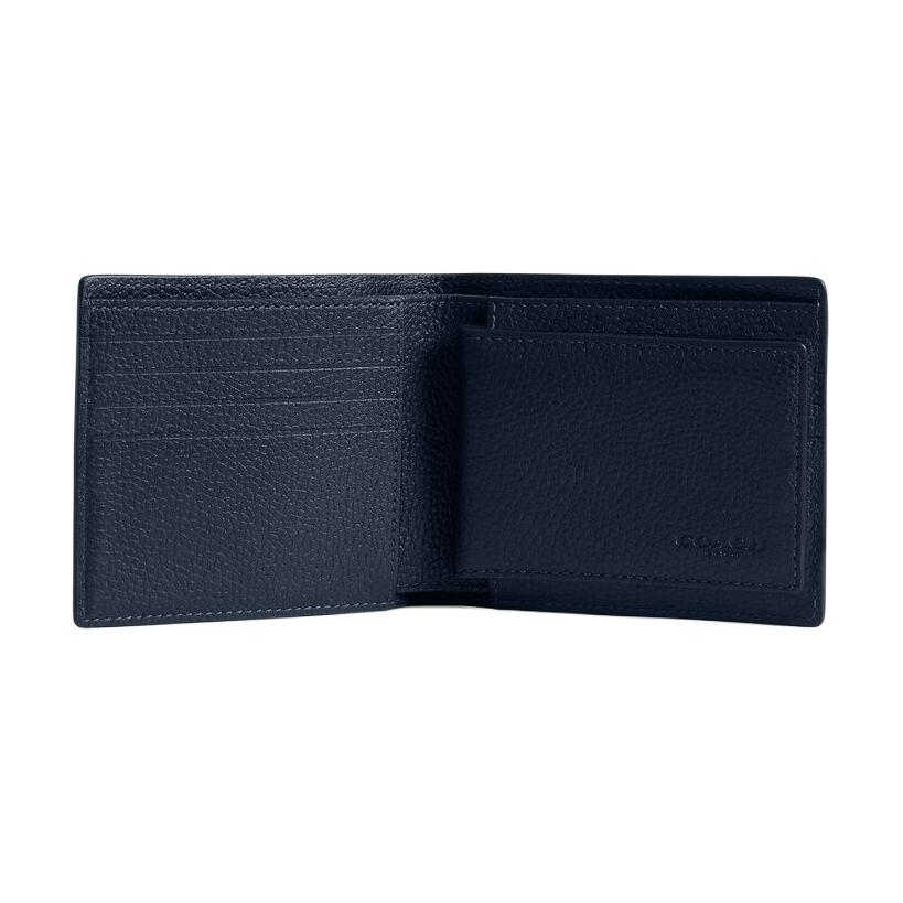 Coach 3 In 1 Wallet Letter Logo Print Double Fold Polished Pebble Leather Wallet Men Wallet Navy-Blue CP279-DNA