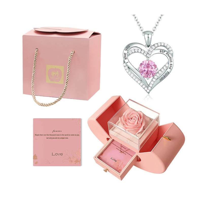 Preserved Flower Necklace Set In Box for Girlfriend Wife Anniversary Valentines Birhtday Gifts and Home Decoration