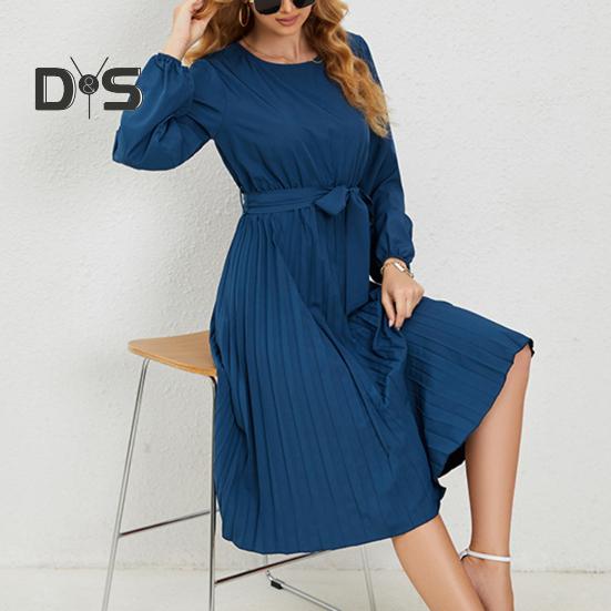 

Women Long Dress Elegant Solid Color Long Sleeves Pleated Hem Casual Belted Slim Waist A line Spring Autumn Ladies Female Midi Dress S темно-синий