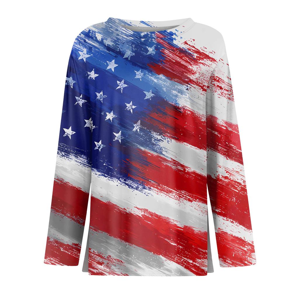 Women’s Long Sleeve Crewneck Top with American Flag and Floral Print Casual Loose Fit Pullover for Daily Wear