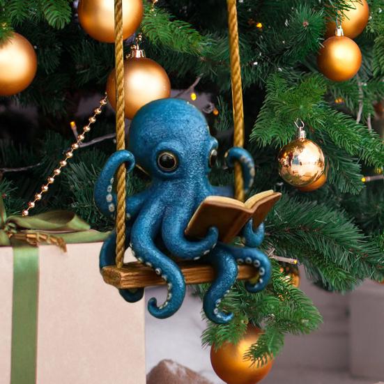 Octopus Reading Ornament Blue Octopus Reading Swing Ornament Sea Creature Christmas Tree Hanging Decor