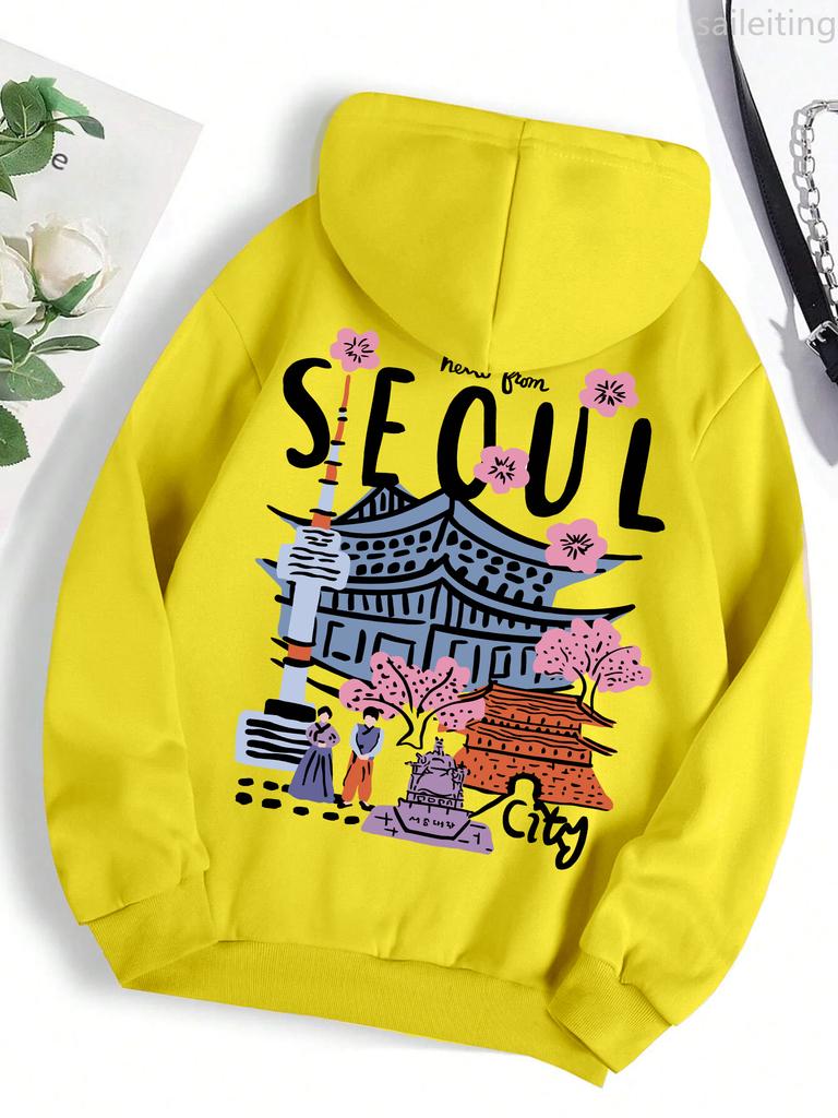 Seoul Beautiful Scenery Printing Womens Warm Comfortable Hoodies Simple Street Pullover Winter Clothes Women Streetwear Women