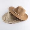 Summer Beach Straw Cap Sun Protection Hat Fresh Holiday Seaside Beach Hat with Bead Chain Foldable Straw Hat for Outdoor Travel