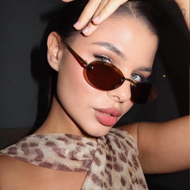 3pcs Trend Rimless Oval Sunglasses Women Rivet Small Thin Frame Frameless Luxury Metal Shades Brand Design Sun Glasses UV400